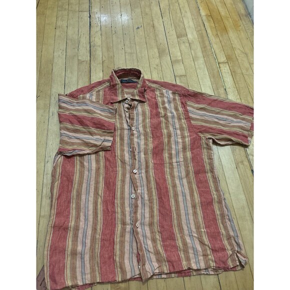 Bugatchi Uomo Striped Linen Shirt Orange Yellow Button Up Beach Party Mens L - Picture 1 of 8